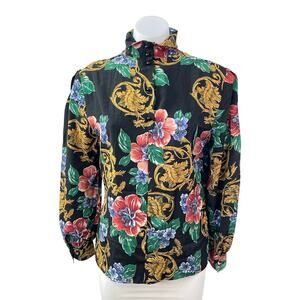 Tess Women's Black Multicolor Floral Long Sleeve Henley Button Blouse Top Size 4